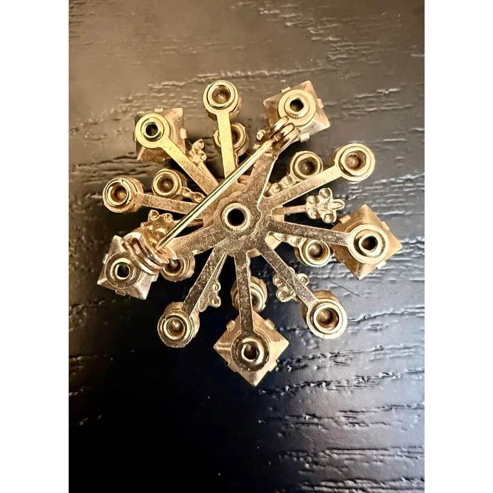 Vintage Silver Tone Amber Rhinestone Atomic Starburst Brooch Unsigned